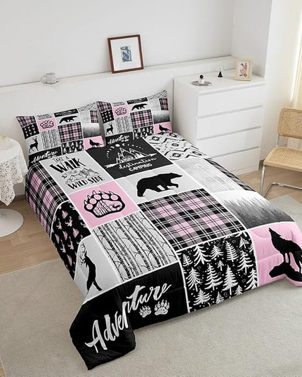 Rustic Farmhouse Comforter Set Full Size,Deer Bear Wolf Hunting Animals Bedding Set for Kids Boys Girls Adults Room Decor,Pine Trees Patchwork Down Comforter,Pink Xmas Duvet Insert,2 Pillowcases - LeafyLoom