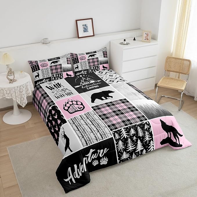 Rustic Farmhouse Comforter Set Full Size,Deer Bear Wolf Hunting Animals Bedding Set for Kids Boys Girls Adults Room Decor,Pine Trees Patchwork Down Comforter,Pink Xmas Duvet Insert,2 Pillowcases - LeafyLoom
