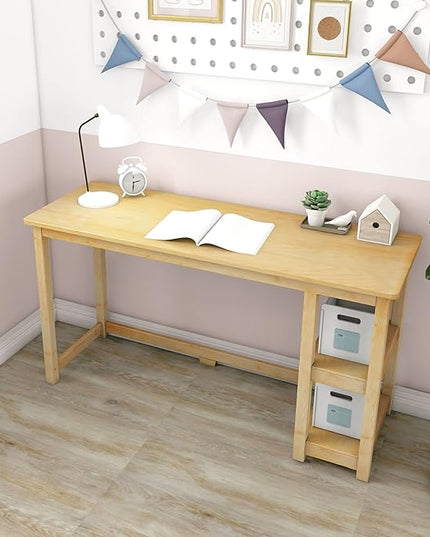 Max & Lily Solid Wood Desk With Shelves, 55 Inches, Natural - LeafyLoom