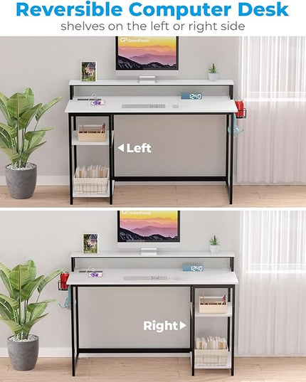 GreenForest Computer Desk with USB Charging Port and Power Outlet, Reversible Home Office Desk with Monitor Stand Storage Shelves for Small Space,47 in Work Desk with Cup Holder Hook,White - LeafyLoom