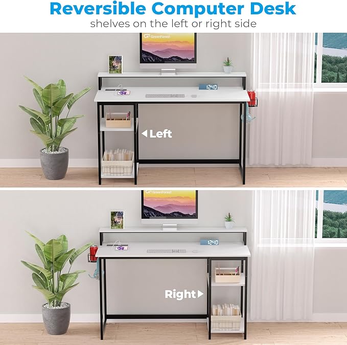 GreenForest Computer Desk with USB Charging Port and Power Outlet, Reversible Home Office Desk with Monitor Stand Storage Shelves for Small Space,47 in Work Desk with Cup Holder Hook,White - LeafyLoom