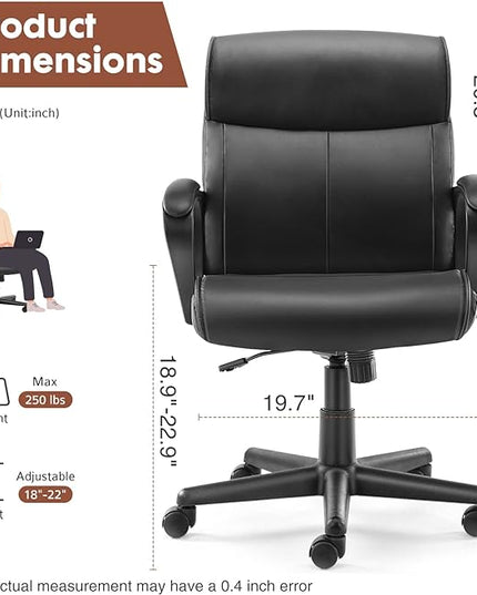 Office Chair - Mid-Back Computer Desk Chair with Armrests, Height Adjustable Home Chair, 360-Degree Swivel, Lumbar Support, PU Leather, Black, Modern - LeafyLoom
