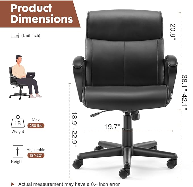 Office Chair - Mid-Back Computer Desk Chair with Armrests, Height Adjustable Home Chair, 360-Degree Swivel, Lumbar Support, PU Leather, Black, Modern - LeafyLoom