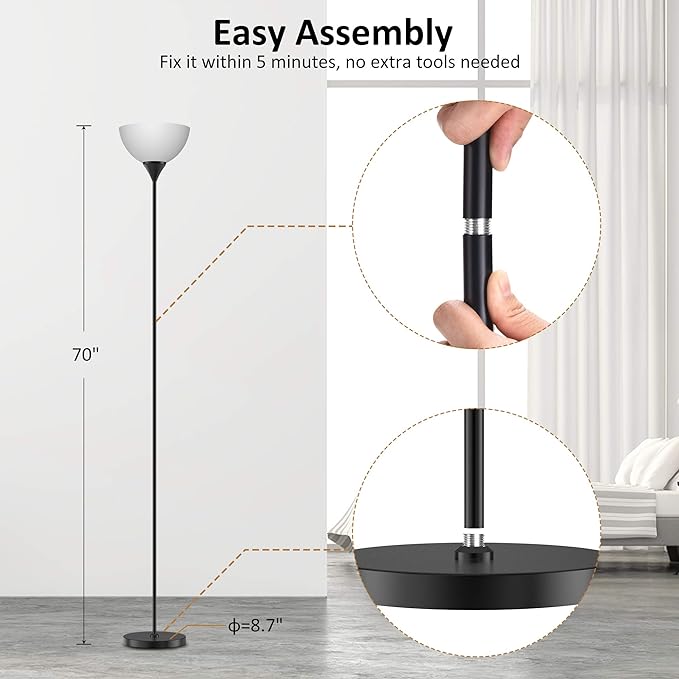 PESRAE Floor Lamp, Remote Control with Stpeless Color Temperatures and Brightness, Torchiere lamp for Bedroom, Living Room, Bulb Included (Matte Black) - LeafyLoom