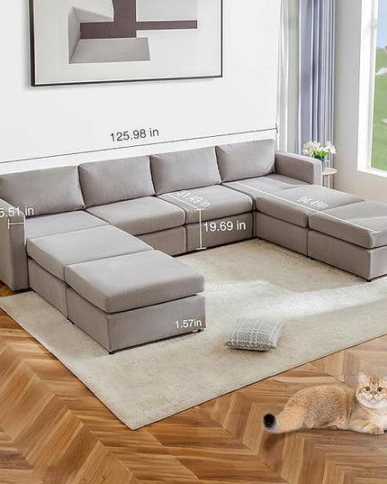 Sweetcrispy Convertible Modular Sectional Sofa, 8 Seat Sectional Couches for Living Room, U-Shaped Modern Fabric Modular Sofa Sleeper with Double Chaise for Home, Apartment, Dorm, Grey - LeafyLoom