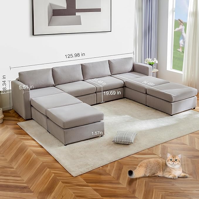 Sweetcrispy Convertible Modular Sectional Sofa, 8 Seat Sectional Couches for Living Room, U-Shaped Modern Fabric Modular Sofa Sleeper with Double Chaise for Home, Apartment, Dorm, Grey - LeafyLoom