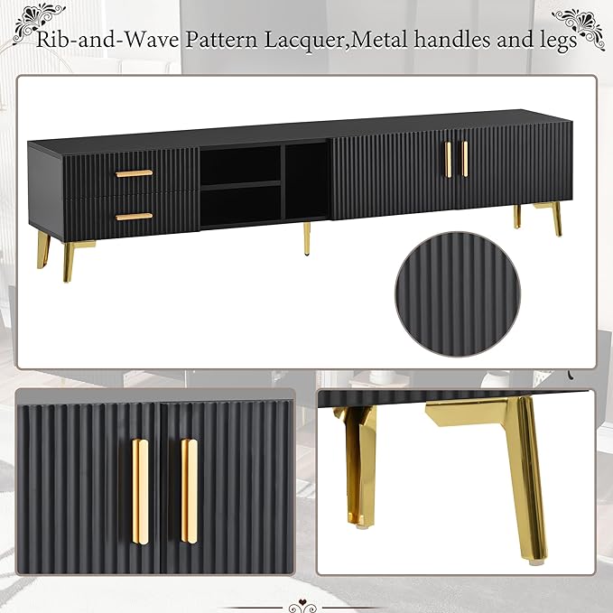 71 Inch TV Stand, Modern Television Stands with Drawers, Cabinets and Open Shelf, Entertainment Center with 5 Champagne Legs for Living Room and Bedroom, Black - LeafyLoom