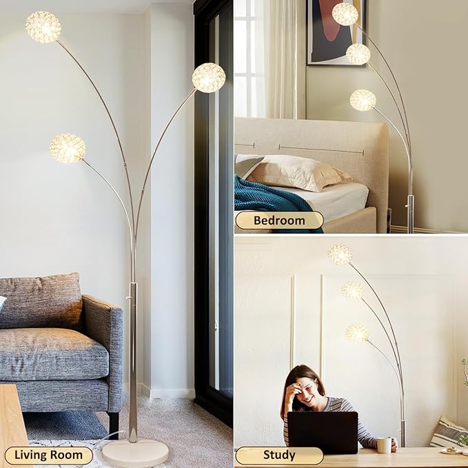 DLLT Floor Lamps for Living Room, 3-Light Chrome Arc Standing Lamp, 86.6" Modern Tall Tree Floor Lamp with Adjustable Arms, Multi-Head LED Floor Lamps for Bedroom, Study, Office, G9 Bulbs Included - LeafyLoom