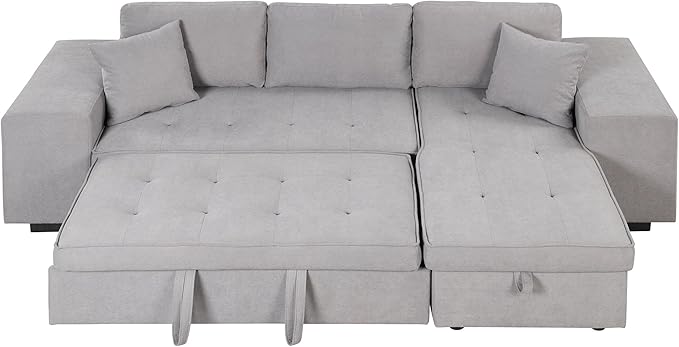 104" L Shape Reversible Sectional Sofa w/Pull Out Bed &Storage Chaise, Linen Upholstered Sleeper Couch with 2 Stools, for Living Room, Bedroom and Small Apartment, 104 Inch, Gray - LeafyLoom