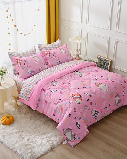 Kids Cute Cat Comforter Set Full Size 7 Piece Pink Rainbow Star Sun Heart Bed in A Bag Kawaii Animal Butterfly Fish Bedding Set for Girls Teens Super Soft All Season - LeafyLoom