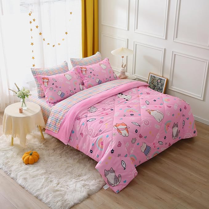 Kids Cute Cat Comforter Set Full Size 7 Piece Pink Rainbow Star Sun Heart Bed in A Bag Kawaii Animal Butterfly Fish Bedding Set for Girls Teens Super Soft All Season - LeafyLoom