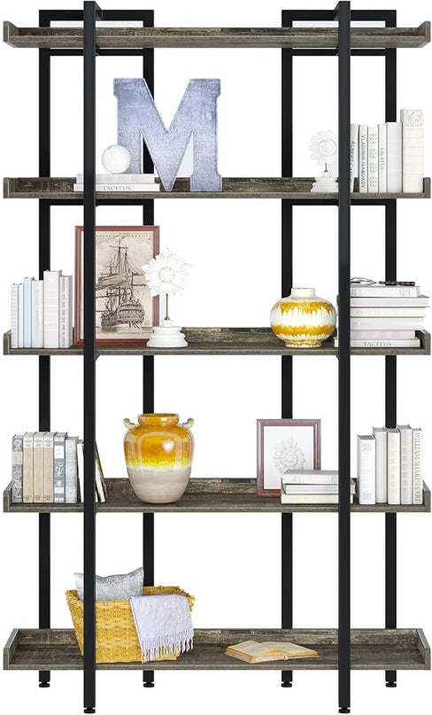 Rolanstar Book Shelf 5-Tier, 71.8’’H Tall Bookshelf for Home Office, Open Wood Display Shelves, Large Standing Bookcase with Metal for Living Room, Industrial Corner Bookshelf Grey - LeafyLoom