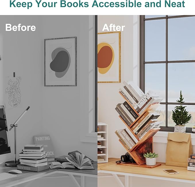 Tree Bookshelf, 5 -Tier Book Storage Organizer Shelves Floor Standing Bookcase, Wood Storage Rack for Office Home School Shelf Display for Cd/Magazine (Rustic Brown) - LeafyLoom