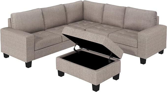 85" L-Shape Sectional Corner Sofa with Storage Ottoman, Modern Linen Upholstered Couch w/Convenient Cup Holder, for Living Room, Apartment, 85 Inch, Brown - LeafyLoom