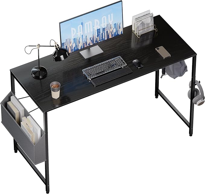Pamray 47 Inch Computer Desk for Small Spaces with Storage Bag, Home Office Work Desk with Headphone Hook, Small Office Desk Study Writing Table - LeafyLoom