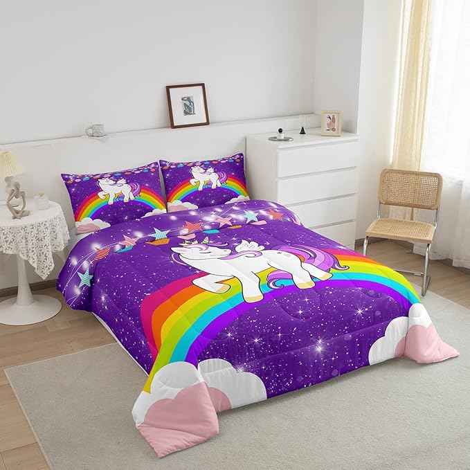 Kids Unicorn Comforter Set Queen Cartoon Rainbow Bedding Set for Girls Children Purple Cute Unicorn Glitter Down Comforter Kawaii Galaxy Stars Fantasy Geometric Room Decor Bedding Comforters & Sets - LeafyLoom