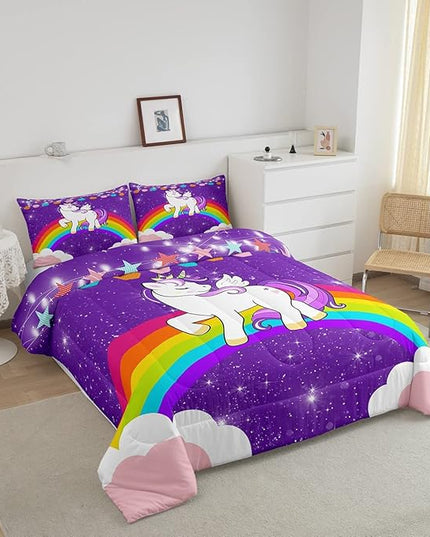 Unicorn Comforter Set Full Rainbow Bedding Set For Girls Children Purple Cute Unicorn Glitter Down Comforter Kids Cartoon Kawaii Warm Soft Duvet Set Galaxy Stars Fantasy Bedroom Decor 2 Pillow Cases - LeafyLoom