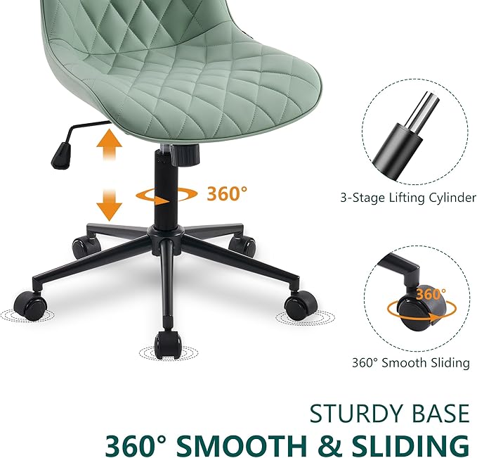 YOUNUOKE Office Chair Armless Leather Desk Chair with Wheels Thick Upholstery Computer Chair Small Cute Home Office Chair Swivel Rolling Task Chairs, Mint Green - LeafyLoom