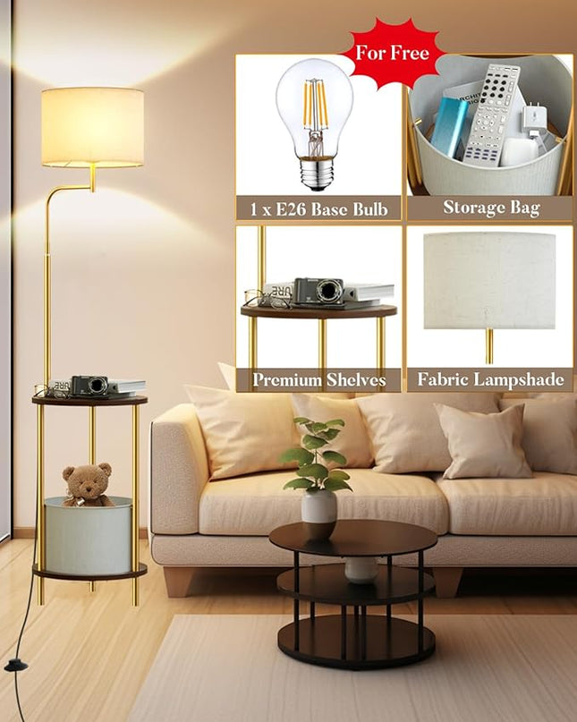 Lightdot 57IN Floor Lamp with Shelves, Mid Century Modern Standing Lamps with Bulb and Storage Bag Included, Gold Pole End Table with Lamp Attached for Living Room Bedroom - LeafyLoom