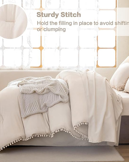 Litanika Queen Size Comforter Set Beige,3 Pieces Beige Boho Pom Pom Lightweight Bed Comforter, All Season Soft Solid Color Bedding Comforter Sets (1 Comforter 90x90 Inch, 2 Pillowcases) - LeafyLoom