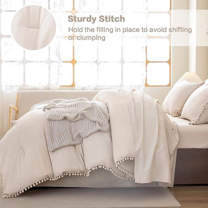 Litanika Queen Size Comforter Set Beige,3 Pieces Beige Boho Pom Pom Lightweight Bed Comforter, All Season Soft Solid Color Bedding Comforter Sets (1 Comforter 90x90 Inch, 2 Pillowcases) - LeafyLoom