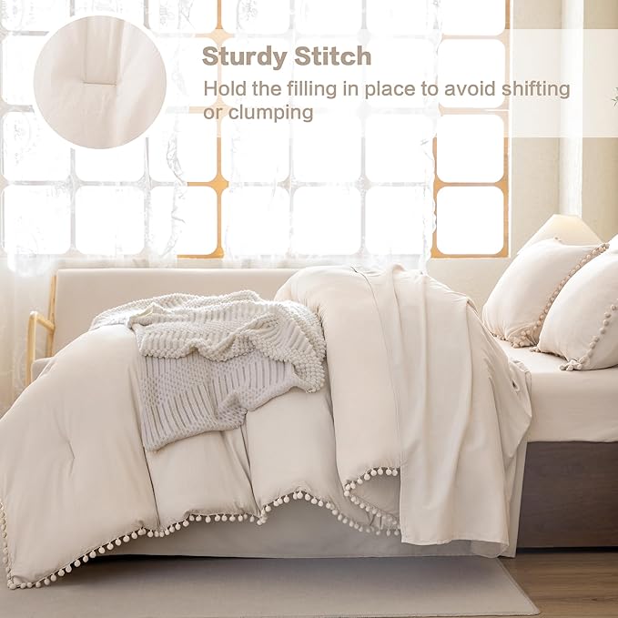 Litanika King Size Comforter Set Beige,3 Pieces Beige Boho Pom Pom Lightweight Bed Comforter, All Season Soft Solid Color Bedding Comforter Sets (1 Comforter 104x90 Inch, 2 Pillowcases) - LeafyLoom