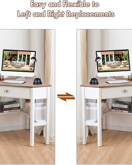 Nightcore Small, Wood Computer Desk, Compact Writing w/Drawer & Storage Shelves, Space Saving Study Workstation, Laptop PC Corner Table, Natural - LeafyLoom
