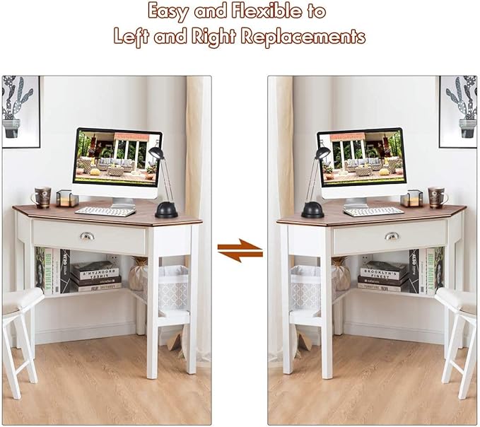 Nightcore Small, Wood Computer Desk, Compact Writing w/Drawer & Storage Shelves, Space Saving Study Workstation, Laptop PC Corner Table, Natural - LeafyLoom