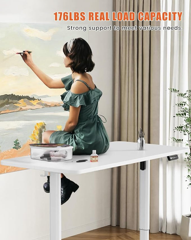 Electric Standing Desk Adjustable Height Stand Up Desk, 55" x 24" Sit Stand Desk, Low Noise Home Office Desk, Computer Desk with Splice Board, Child Lock & Memory Function, White - LeafyLoom