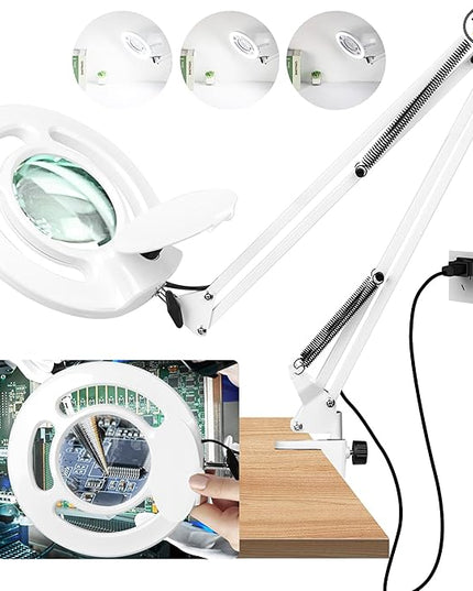 HITTI 10X Long Magnifying Glass with Light and Stand, 2200 Lumens Dimmable Bright Workbench Light, Ajustable Swing Arm LED Lighted Magnifier, Magnifying Lamp with Clamp for Hobby Repair Craft - White - LeafyLoom