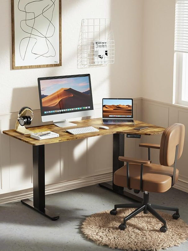 Marsail L Shaped Electric Standing Desk, 55x34 Inch Standing Desk Adjustable Height with Headphone Hook, Large Computer Desk Sit Stand Desk for Home Office Sturdy Writing Workstation, Vintage - LeafyLoom
