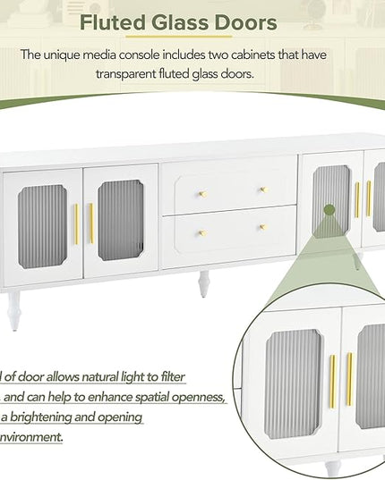 Merax Retro Design TV Stand with Fluted Glass Doors and 2 Drawers and Cabinets for Televisions Up to 78'', Practical Media Console, Elegant Entertainment Center for Living Room, White - LeafyLoom