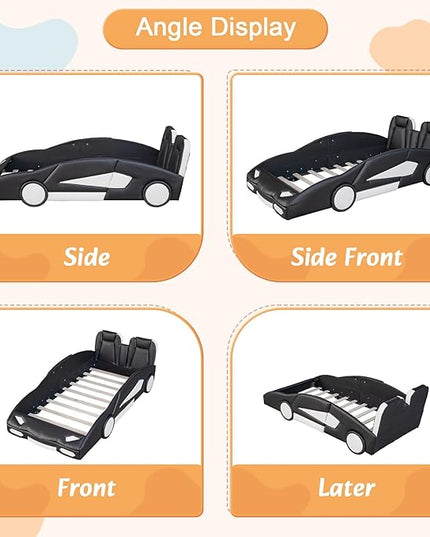 Twin Size Race Car-Shaped Bed Frame for Kids, Wooden Platform Bed with Guardrail and Upholstered Headboard, Wheels and Support Slats, for Boys Girls Child's Bedroom, No Spring Need (Black) - LeafyLoom