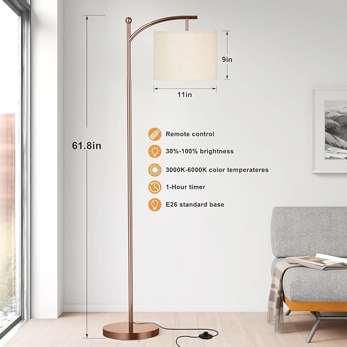 Ambimall Floor Lamp with Remote Control and Stepless Dimmable Bulb, Colors Temperature & Brightness Adjustable, Modern Floor Lamps for Living Room（Dark Beige Shade & Brown Pole） - LeafyLoom