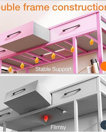 ODK Vanity Desk with Fabric Drawers & Storage Shelves, Makeup Dressing Table, Home Office Desks for Bedroom, Modern Simple Writing Desk,Pink, 48"x16" (No Mirror - LeafyLoom