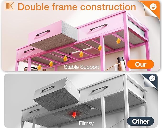 ODK Vanity Desk with Fabric Drawers & Storage Shelves, Makeup Dressing Table, Home Office Desks for Bedroom, Modern Simple Writing Desk,Pink, 48"x16" (No Mirror - LeafyLoom