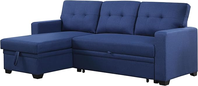 Sectional Sofa with Tufted Seat & Back Cushion,Solid Wood Frame Dsign, Linen Reversible w/Storage Chaise and Pull-Out Sleeper for Home, Small Space Apartment, 82 Inch, Blue - LeafyLoom