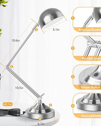 Touch Control LED Desk Lamp with USB Charging Port, Architect Brushed Nickle Lamp with Adjustable Swing Arm, Dimmable Silver Desk Lamp for Home Office Reading Study, 3000K/4000K/5000K 3 Color Modes - LeafyLoom