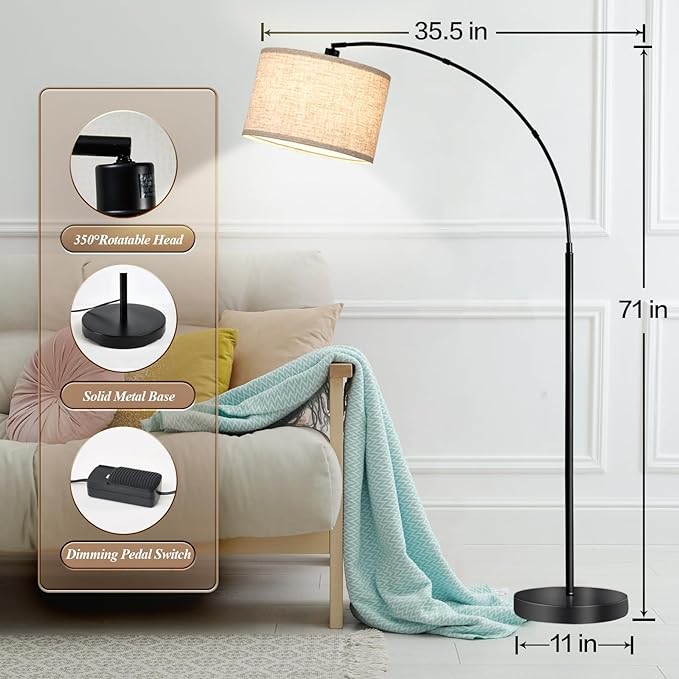 Luvkczc Arc Floor Lamps for Living Room, Tall Reading Lamps with Dimmable Switch, Modern Floor Lamp with Adjustable Hanging Shade for Bedroom, 8W LED Bulb Include - LeafyLoom