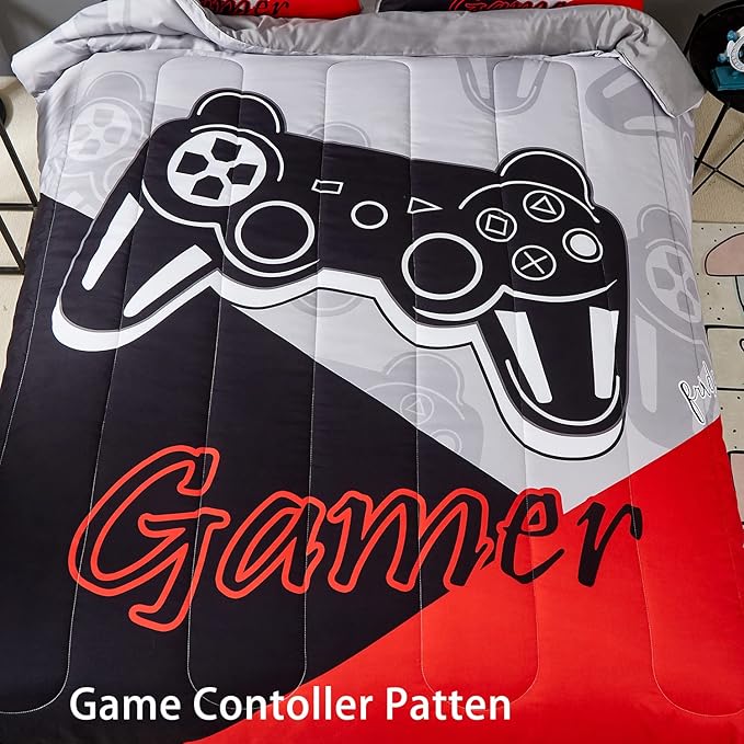 Gaming Comforter Sets for Kids Teen Boys,Video Games Controller Pattern Bedding Set for Room Decor, Full Size 3-Piece Reddish Black Gamer Comforter with 2 Pillowcases,All Season(Red,Full) - LeafyLoom