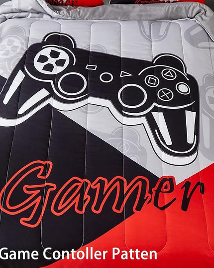Gaming Comforter Sets for Kids Teen Boys,Video Games Controller Pattern Bedding Set for Room Decor, Twin Size 2-Piece Reddish Black Gamer Comforter with Pillowcase,All Season(Red,Twin) - LeafyLoom