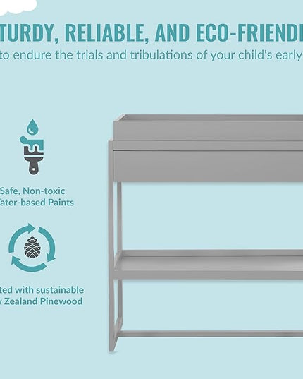 Arlo Changing Table in Pebble Grey, Made of Solid New Zealand Pinewood, Non-Toxic Finish, Comes with Water Resistant Mattress Pad & Safety Strap - LeafyLoom