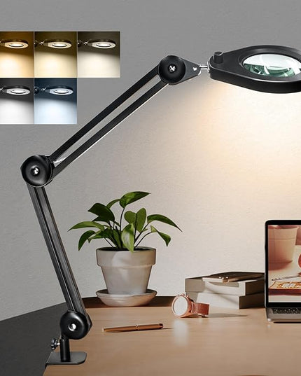 LED Magnifying Lamp with Premium Swing Arm, 5X Magnifying Glass with 5-Color Dimmable Light, Heavy-Duty Work Lamp Hands Free for Crafts, Precision Work, Estheticians - New Rotary Switch Design - LeafyLoom