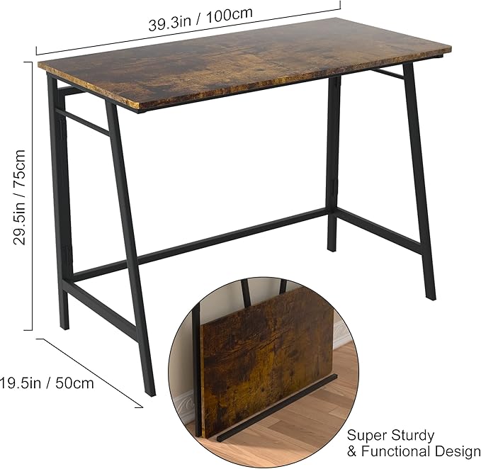 ASTARTH Folding Desk-40 Inch Writing Computer Desk, Space Saving Foldable Table, Modern Simple Style PC Table, Black Metal Frame-Home Office Desk, No Assembly Required, Rustic Brown - LeafyLoom