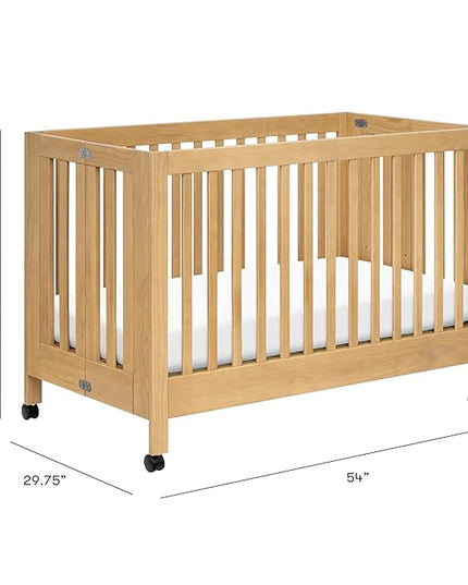 Babyletto Maki Full-Size 2-in-1 Portable Folding Crib with Toddler Bed Conversion Kit in Honey, Greenguard Gold Certified - LeafyLoom