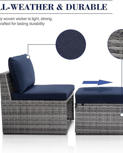 BACKYARD EXPRESSIONS PATIO · HOME · GARDEN w Backyard Expressions 2 Pc. Outdoor Conversation Chair Set with Storage and Ottoman, 250lb Weight Capacity, Navy Blue/Grey Wicker - LeafyLoom