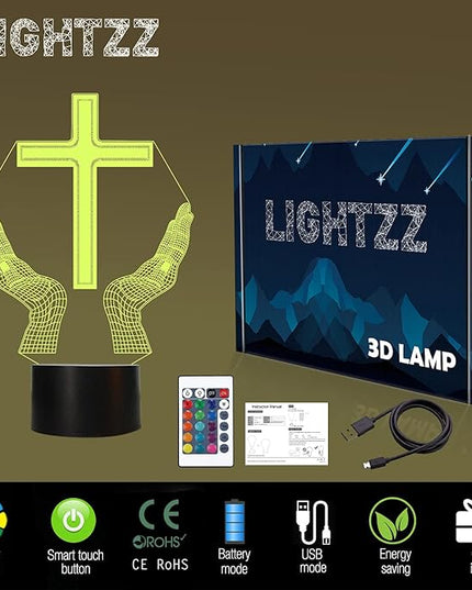Jesus Cross 3D LED Night Light for Friends Xmas Easter Room Decor Gifts, Crucifix Optical Illusion Desk Table Lamp with Remote + 16 Color Flashing Change + Timer - LeafyLoom