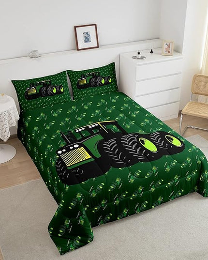 Erosebridal Boys Tractor Comforter Set Twin Size, Green Equipment Trucks Bedding Set, Construction Excavator Down Comforter, Cartoon Kids Car Room Decor Lightweight Soft Quilt Set, Farm Car Comforter - LeafyLoom