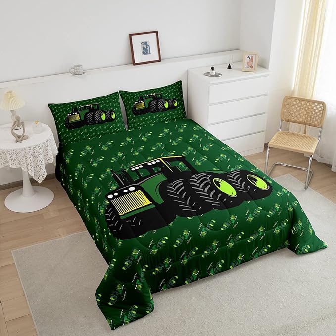 Erosebridal Boys Tractor Comforter Set Twin Size, Green Equipment Trucks Bedding Set, Construction Excavator Down Comforter, Cartoon Kids Car Room Decor Lightweight Soft Quilt Set, Farm Car Comforter - LeafyLoom