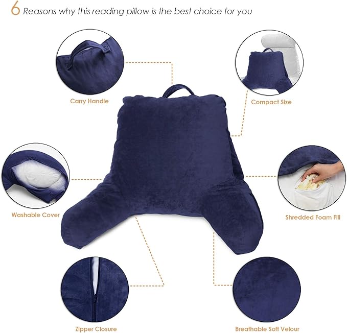Clara Clark Reading Pillow for Kids, Small Back Pillow for Sitting Up in Bed, Memory Foam Back Support Pillow, Reading Pillows for Sitting in Bed, Navy Blue Gaming Pillow with Arms and Pockets - LeafyLoom